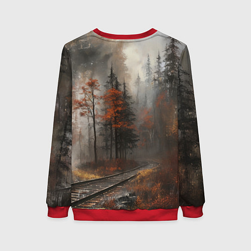 Женский свитшот Паровоз в осеннем лесу / 3D-Красный – фото 2