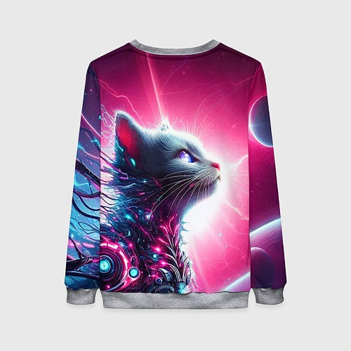 Женский свитшот Космический кибер котёнок - неоновое свечение / 3D-Меланж – фото 2