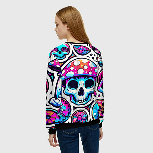 Женский свитшот Череп в мухоморной шляпе - нейроарт / 3D-Черный – фото 4