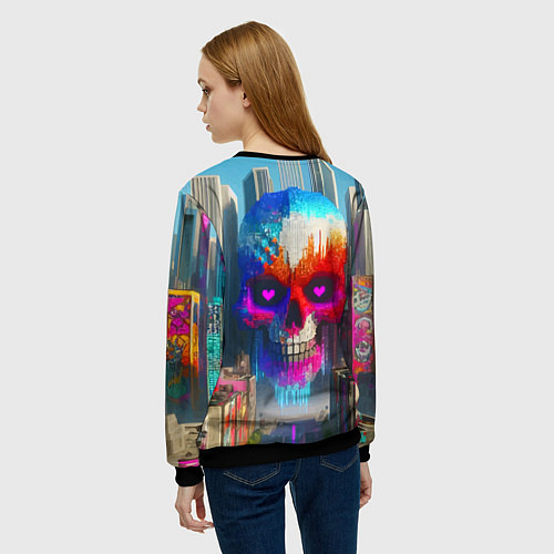 Женский свитшот Цветной череп в мегаполисе - нейроарт / 3D-Черный – фото 4