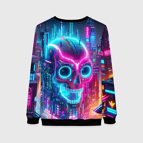 Женский свитшот Neon skull in metropolis - future / 3D-Черный – фото 2