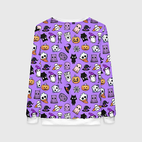 Женский свитшот Кавайный хэллоуин - призраки и черепа на сиреневом / 3D-Белый – фото 2
