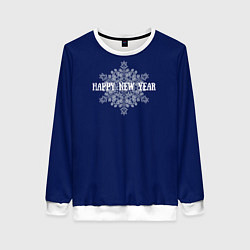 Свитшот женский Happy New Year синий со снежинкой, цвет: 3D-белый