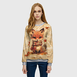 Свитшот женский Осенний лисёнок в шарфе, цвет: 3D-меланж — фото 2
