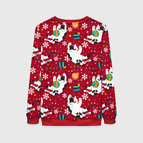 Женский свитшот Новогодний паттерн с котиками / 3D-Красный – фото 2
