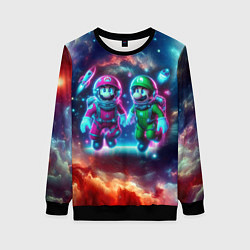 Свитшот женский Марио и Луиджи в открытом космосе - неоновое свече, цвет: 3D-черный