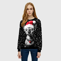 Свитшот женский Сфинкс в шапке Санты, цвет: 3D-черный — фото 2