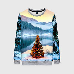 Женский свитшот Новогодняя елочка на берегу озера