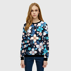Свитшот женский Сине-белые цветы на чёрном фоне, цвет: 3D-черный — фото 2