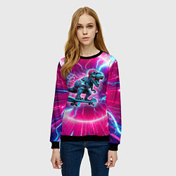 Свитшот женский Cyber tyrannosaurus is a cool skateboarder, цвет: 3D-черный — фото 2