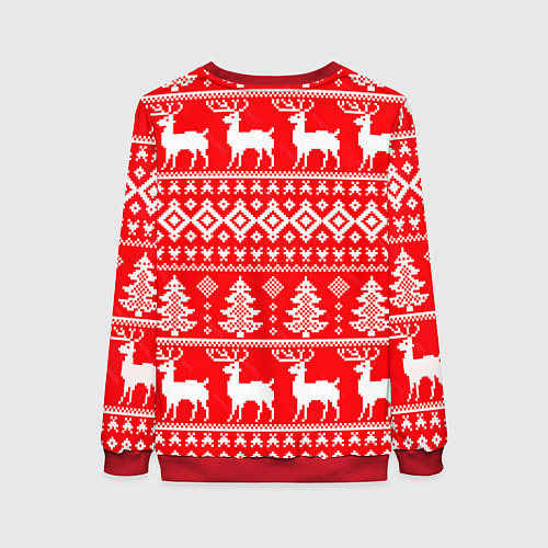 Женский свитшот Новогодние мотивы елки и олени на красном / 3D-Красный – фото 2