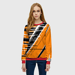 Свитшот женский Чёрно-белые глитч полосы на оранжевом фоне, цвет: 3D-красный — фото 2
