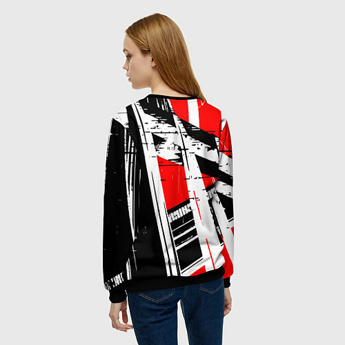 Женский свитшот Чёрно-белые абстрактные линии на красном фоне / 3D-Черный – фото 4