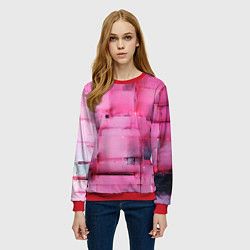 Свитшот женский Чёрные пятна на розовом фоне абстракция, цвет: 3D-красный — фото 2