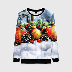 Свитшот женский Красные и желтый новогодние шары, цвет: 3D-черный
