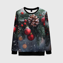 Свитшот женский Красные игрушки на елке и шишки, цвет: 3D-черный