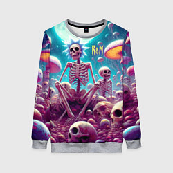 Свитшот женский Скелеты Рика и Морти среди неоновых грибов под лун, цвет: 3D-меланж