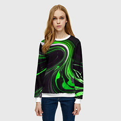 Свитшот женский Волнистые бело-зелёные линии на чёрном фоне, цвет: 3D-белый — фото 2