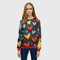 Свитшот женский Разноцветные сердца, цвет: 3D-красный — фото 2