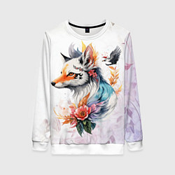Свитшот женский Лисица в цветах, цвет: 3D-белый