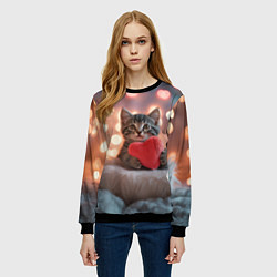 Свитшот женский Котенок поздравляет с днем святого Валентина, цвет: 3D-черный — фото 2