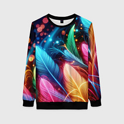 Свитшот женский Яркие красочные неоновые перья, цвет: 3D-черный