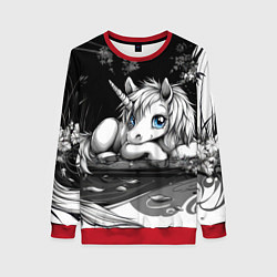 Свитшот женский Белый единорог с голубыми глазами, цвет: 3D-красный