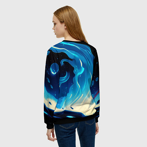 Женский свитшот Бело-синее пламя из абстрактных красок / 3D-Черный – фото 4