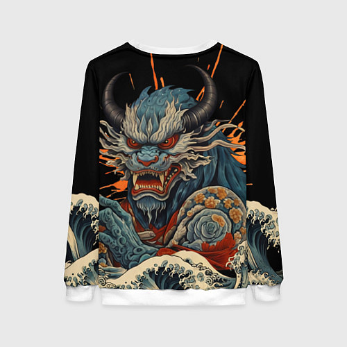 Женский свитшот Японский дракон и волны в стиле тату ирезуми / 3D-Белый – фото 2