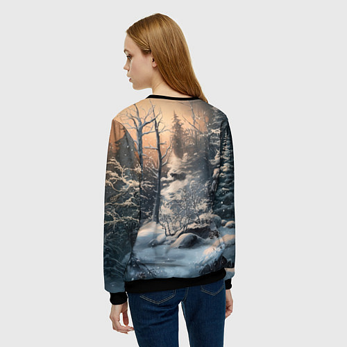Женский свитшот Белый лисенок в зимнем лесу / 3D-Черный – фото 4