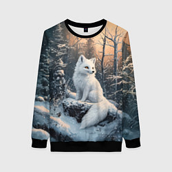 Свитшот женский Белый лисенок в зимнем лесу, цвет: 3D-черный