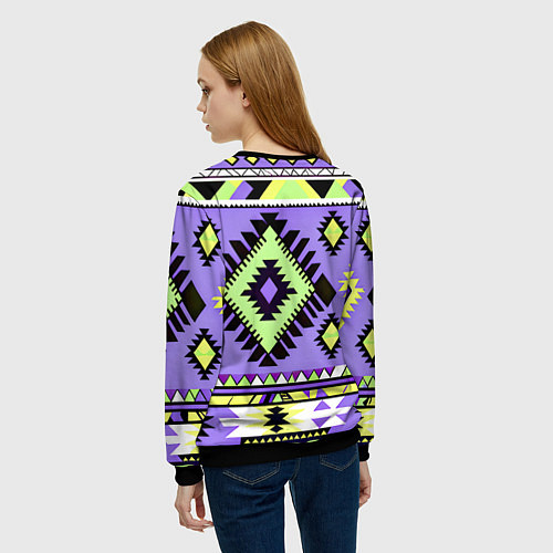 Женский свитшот Геометрический сиренево желтый орнамент ацтеков / 3D-Черный – фото 4