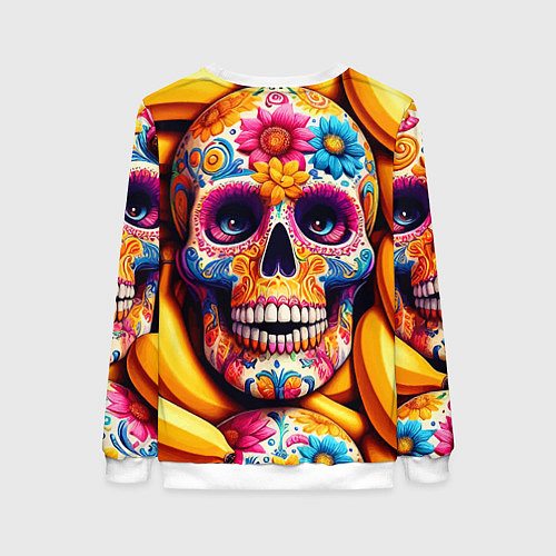 Женский свитшот Цветочный череп среди бананов - нейроарт / 3D-Белый – фото 2