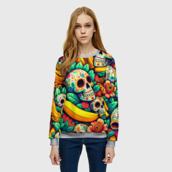 Свитшот женский Паттерн из черепов и бананов - нейроарт, цвет: 3D-меланж — фото 2