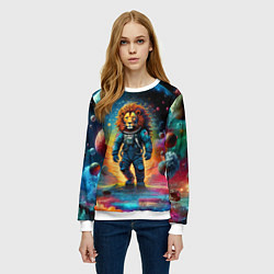 Свитшот женский Лев бравый космонавт - неоновый космос, цвет: 3D-белый — фото 2