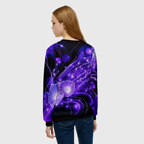 Женский свитшот Силуэты цветов на темном фоне - фиолетовое свечени / 3D-Черный – фото 4