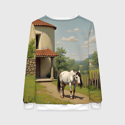 Женский свитшот Старый домик и лошадь / 3D-Белый – фото 2