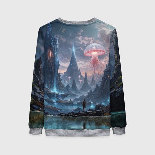 Женский свитшот Фантастический мир с медузами и озеро у гор / 3D-Меланж – фото 2