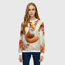 Свитшот женский Лис под осенними листьями, цвет: 3D-белый — фото 2