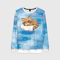 Свитшот женский Милый енот спит на облаке, цвет: 3D-белый