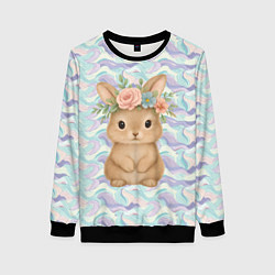 Свитшот женский Зайчик с венком из цветов на голове, цвет: 3D-черный