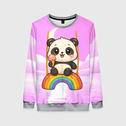 Свитшот женский Панда с мороженым качается на радуге, цвет: 3D-меланж