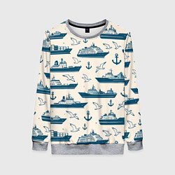 Женский свитшот Морской паттерн из чаек, якорей и кораблей