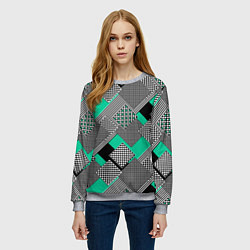 Свитшот женский Черно бирюзовая абстрактная геометрия пэчворк, цвет: 3D-меланж — фото 2