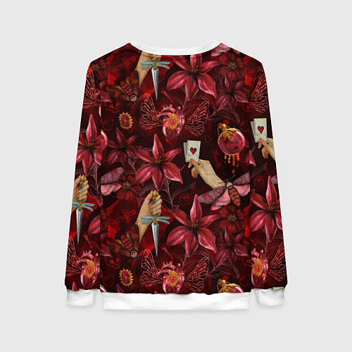 Женский свитшот Бордовая готика с сердцем, лилиями и мотыльками / 3D-Белый – фото 2