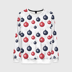 Свитшот женский Синие и красные новогодние шары со снежинками, цвет: 3D-белый
