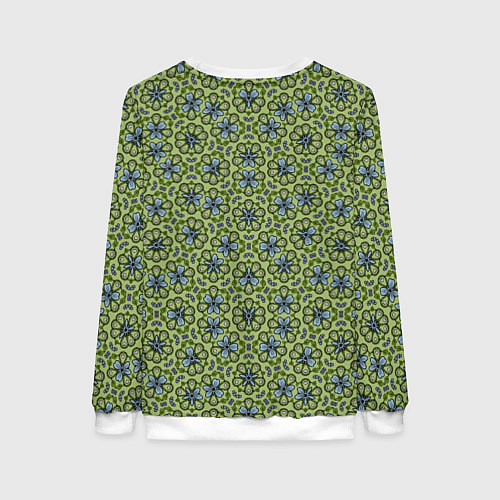 Женский свитшот Синие цветочные мотивы на зеленом / 3D-Белый – фото 2