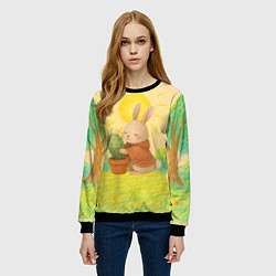 Свитшот женский Заяц обнимает кактус, цвет: 3D-черный — фото 2