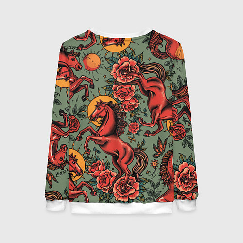Женский свитшот Красный конь и розы / 3D-Белый – фото 2