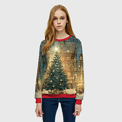 Свитшот женский Новогодний старый город, цвет: 3D-красный — фото 2